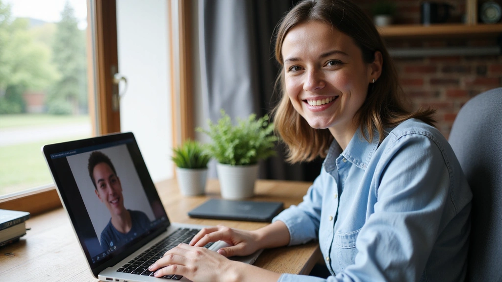 Osoba korzystająca z wideokonferencji na komputerze, uśmiechnięta i zrelaksowana, w domowym otoczeniu.