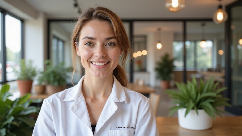 Portret uśmiechniętej dietetyczki w jasnym, profesjonalnym otoczeniu, symbolizujący zdrowie i zaufanie.